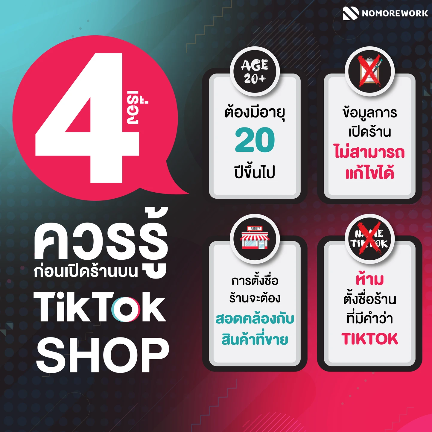 4 เรื่อง ควรรู้! ก่อนเปิดร้านบน Tiktok Shop l No More Work
